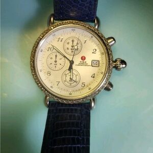 Michele Silver Chronograph Watch with Blue Leather Strap